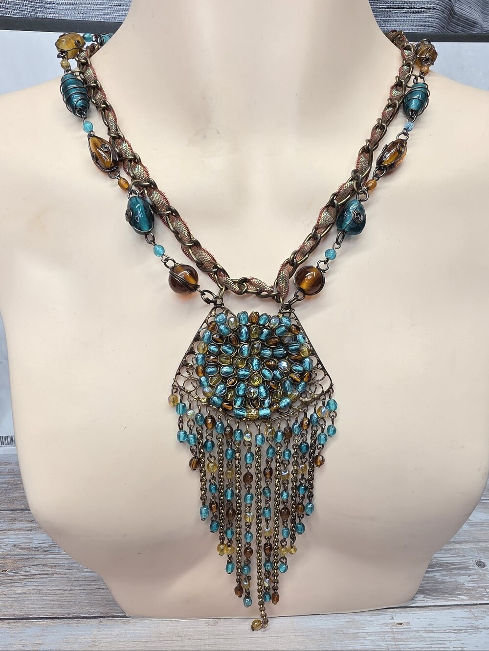 Artisan Style Glass Bead Fringe Statement Necklace Boho 18"+3" Extender